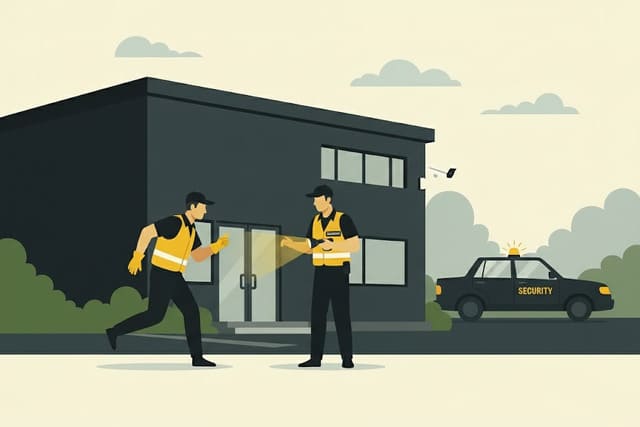 Sicherheitskräfte von Monkey Security treffen mit einem Wachdienstfahrzeug an einem Firmengebäude in Augsburg ein, um auf eine Alarmauslösung zu reagieren und die Ursache zu überprüfen.