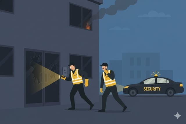 Illustration einer Sicherheitskraft in Augsburg bei der schnellen Intervention: Die Kraft überprüft ein Objekt nachts, im Hintergrund ist eine Gefahrensituation (Rauch/Einbruch) angedeutet – schnelle Reaktion auf Brand- oder Diebstahlalarm.