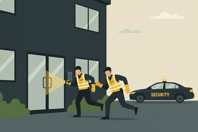 Zwei Sicherheitsmitarbeiter von Monkey Security überprüfen im Rahmen einer Alarmintervention den Eingang eines Gebäudes in Augsburg mit einer Taschenlampe auf Einbruchspuren.