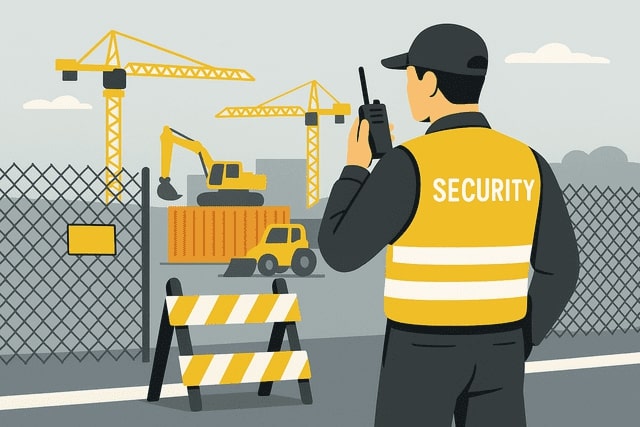 Illustration einer modernen Baustellenbewachung in Augsburg: Sicherheitsdienstmitarbeiter von Monkey Security mit Funkgerät überwacht tagsüber eine Baustelle mit Bauzaun und Kran – professionelle Präsenz.