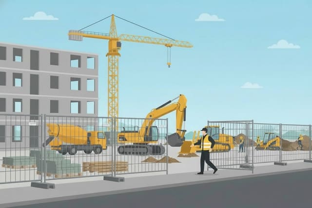 Ein Sicherheitsmitarbeiter läuft entlang eines vermieteten Bauzauns auf einer Baustelle in Augsburg, um das Gelände und die Maschinen vor unbefugtem Zutritt zu schützen.