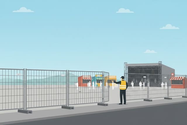 Bauzäune von Monkey Security sichern ein Veranstaltungsgelände mit einer Bühne in Augsburg ab und regeln den Zugang von Besuchern und Personal.