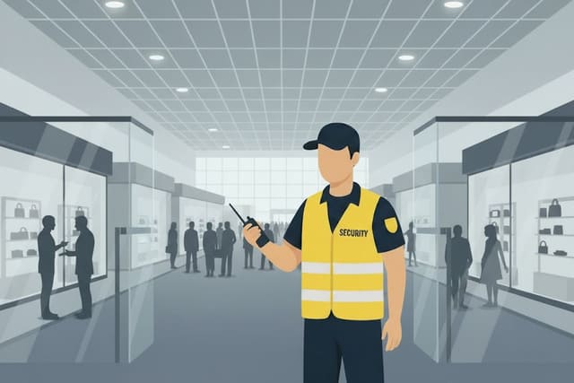 Professioneller Doorman von Monkey Security begrüßt und überwacht den Eingang eines Geschäfts oder einer Einkaufsmeile in Augsburg, um Kunden zu betreuen.