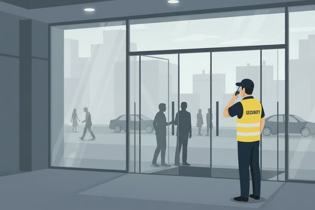 Sicherheitsmitarbeiter als Doorman von Monkey Security sorgt in Augsburg diskret für die Sicherheit und Ordnung am Eingang eines Geschäfts oder einer Veranstaltung.