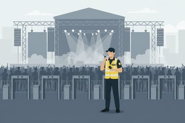 Sicherheitsmitarbeiter von Monkey Security führt am Eingang eines Konzerts oder Festivals in Augsburg Einlasskontrollen durch.