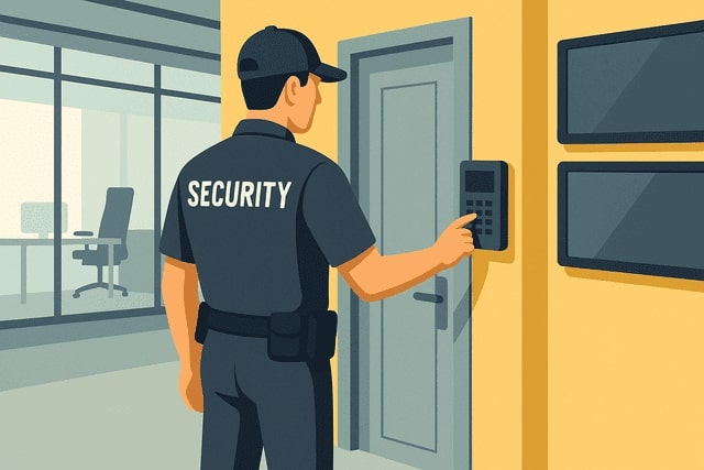 Illustration eines Sicherheitsdienstmitarbeiters von Monkey Security im Innenbereich eines modernen Gebäudes in Augsburg, der ein Zutrittssystem oder eine Alarmanlage überprüft – präventiver Sicherungsdienst.