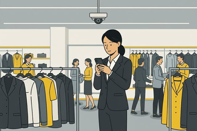 Diskrete Ladendetektivin von Monkey Security in einer Boutique in Augsburg bei der Observation und Diebstahlprävention im Einzelhandel.