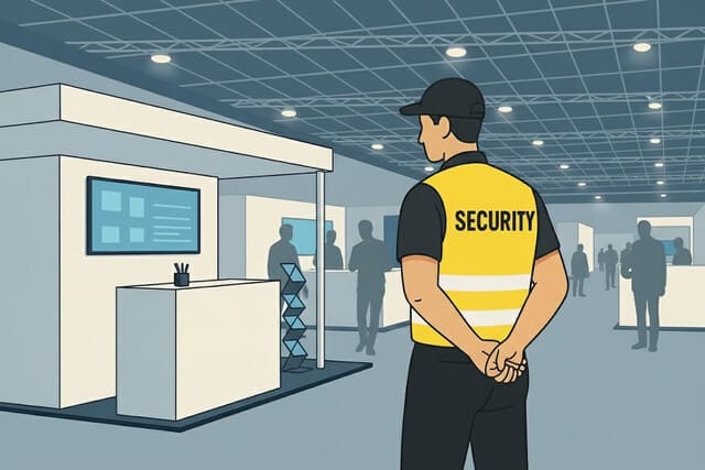 Sicherheitsmitarbeiter von Monkey Security betreut diskret einen Messestand in Augsburg und sorgt für reibungslose Abläufe und die Sicherheit der Besucher.