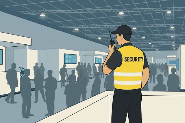 Sicherheitsdienst von Monkey Security überwacht den Besucherfluss in einer Messehalle in Augsburg und behält den Überblick über das Geschehen.