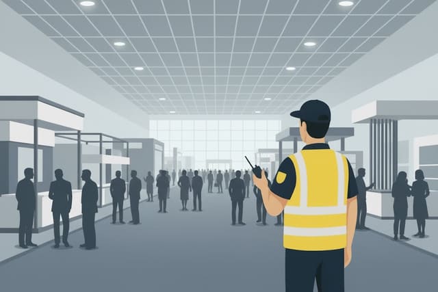 left Sicherheitsmitarbeiter von Monkey Security überwacht den Einlassbereich einer Messehalle in Augsburg, um reibungslose Kontrollen zu gewährleisten und die Sicherheit der Besucher zu schützen.