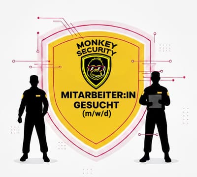 Grafik: MITARBEITER:IN GESUCHT bei Monkey Security Augsburg. Stilisierte Sicherheits-Silhouetten in Grau und Pink auf weißem Hintergrund mit Logo und technischen Linien.