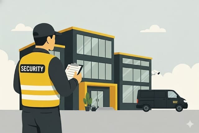 Sicherheitsmitarbeiter von Monkey Security führt Kontrollgang vor einem Gewerbeobjekt in Augsburg durch. Das Einsatzfahrzeug steht bereit für schnelle mobile Dienste.