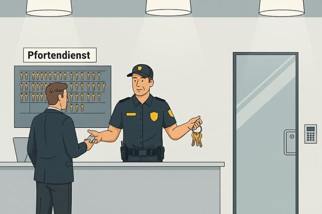 Sicherheitsmitarbeiter von Monkey Security am Pfortendienst in Augsburg bei der Zutrittskontrolle und Schlüsselverwaltung eines Gewerbeobjekts.