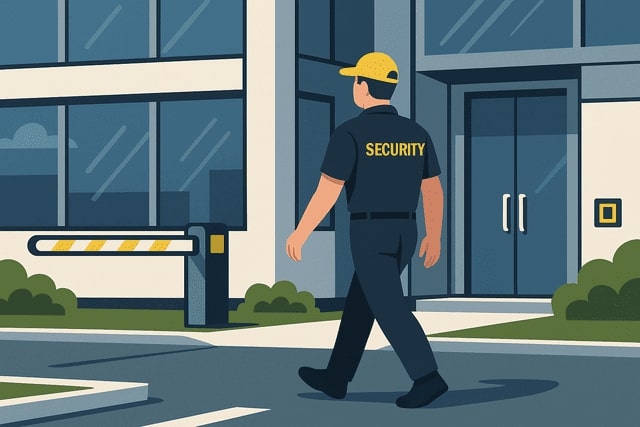 Illustration eines Sicherheitsdienstmitarbeiters von Monkey Security beim Kontrollgang an einem modernen Bürogebäude in Augsburg – präventiver