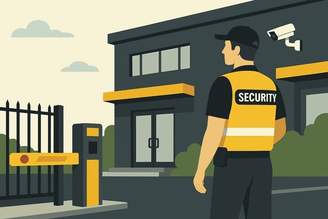 Illustration eines Sicherheitsdienstes bei der Objektschutz- und Geländeüberwachung in Augsburg: Sicherheitsmitarbeiter von Monkey Security führt Kontrollgang an einem modernen Firmengebäude mit Überwachungskamera.