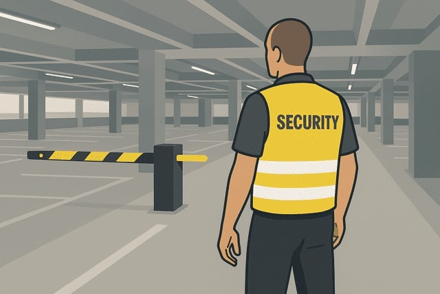 Illustration eines Sicherheitsdienstmitarbeiters von Monkey Security im Innenbereich eines modernen Parkhauses in Augsburg – professioneller Objektschutz.
