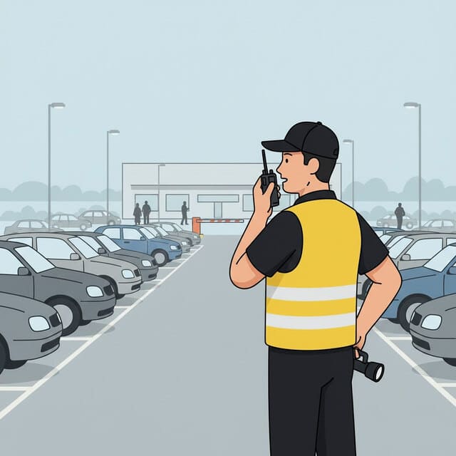 Sicherheitsmitarbeiter von Monkey Security überwacht einen Parkplatz in Augsburg, achtet auf freie Stellflächen und sorgt für Sicherheit und Ordnung.