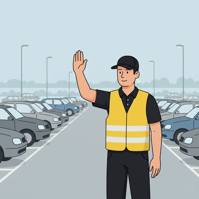 Sicherheitsmitarbeiter von Monkey Security leitet mit Handzeichen den Verkehr auf einem belebten Parkplatz in Augsburg, um Ordnung und einen reibungslosen Verkehrsfluss zu gewährleisten.