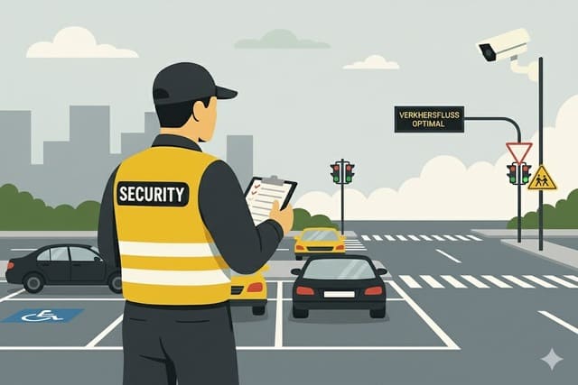 Sicherheitskraft von Monkey Security bei der Überwachung des öffentlichen oder privaten Parkraums in Augsburg, um Ordnung und Verkehrsfluss zu gewährleisten.