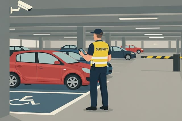 Sicherheitsmitarbeiter von Monkey Security kontrolliert auf Parkplatz in Augsburg die Einhaltung der Parkberechtigungen.