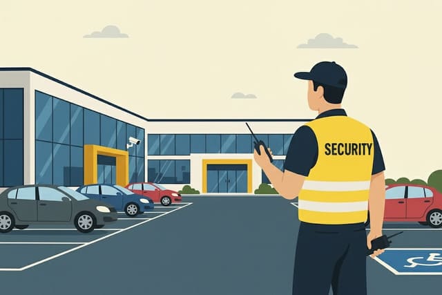 Sicherheitsmitarbeiter von Monkey Security in Augsburg bei der Parkraumüberwachung auf einem Supermarkt.