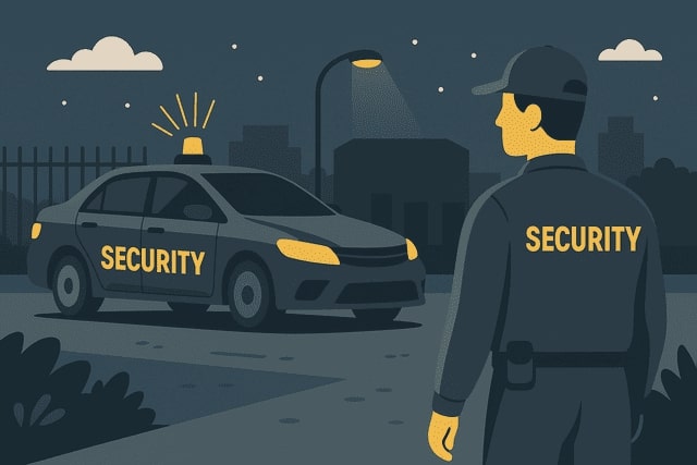 Illustration eines Sicherheitsfahrzeugs und eines Sicherheitsdienstmitarbeiters von Monkey Security bei einer nächtlichen Kontrollfahrt in Augsburg – professioneller Revierdienst.