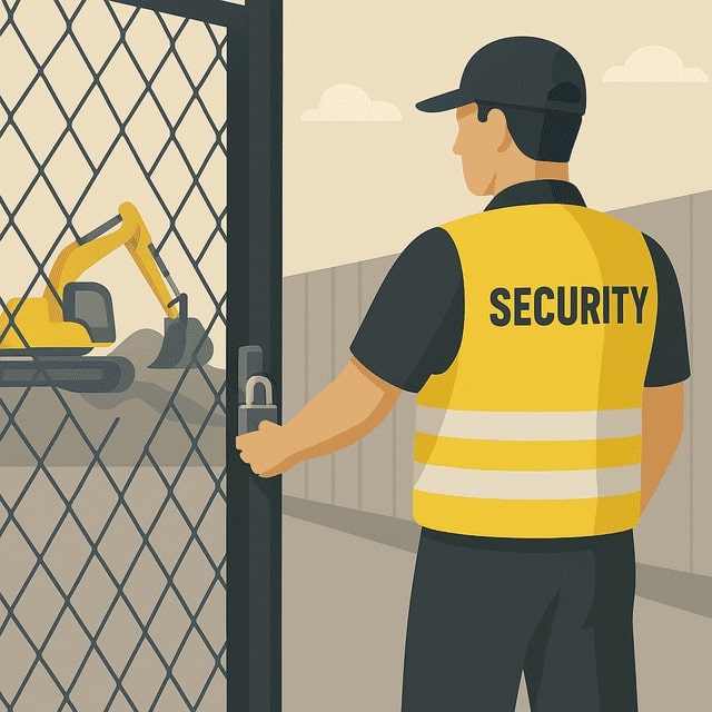 Illustration eines Sicherheitsdienstmitarbeiters von Monkey Security in Augsburg, der ein Tor an einem Bauzaun auf einer Baustelle mit Bagger im Hintergrund schließt – professioneller Schließdienst.