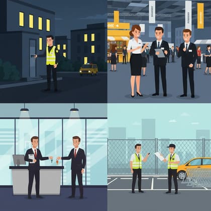 Illustration von Messediensten, Hostessservice, Parkraumüberwachung und Objektbetreuung in Augsburg und München.