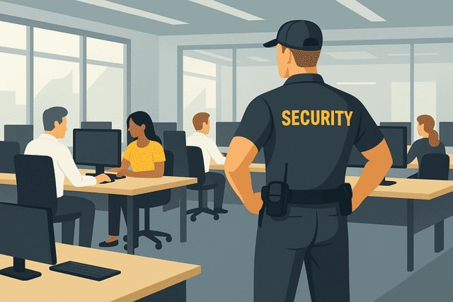 Illustration eines modernen Großraumbüros in Augsburg mit Sicherheitsdienstmitarbeiter von Monkey Security, der die Arbeitssicherheit an Einzelarbeitsplätzen gewährleistet.
