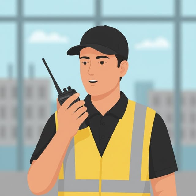 Nahaufnahme eines Sicherheitsmitarbeiters von Monkey Security in Augsburg mit einem Funkgerät in der Hand, symbolisch für den Funkgeräteverleih.