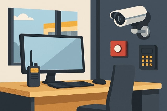 Illustration eines modernen Büroarbeitsplatzes in Augsburg mit Sicherheitselementen wie Überwachungskamera, Alarmknopf und Funkgerät – Symbol für präventive Arbeitsplatzsicherheit durch Monkey Security.