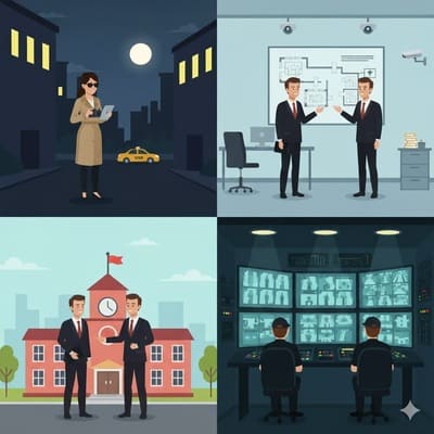 Illustration von Sicherheitsberatung, privater Ermittlung, Objektschutz und Videoüberwachung durch Monkey Security in Augsburg.