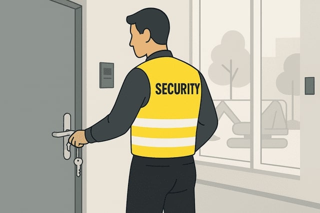 Illustration eines Sicherheitsdienstmitarbeiters von Monkey Security im Innenbereich eines modernen Gebäudes in Augsburg, der ein Zutrittssystem oder eine Alarmanlage überprüft – präventiver Sicherungsdienst.