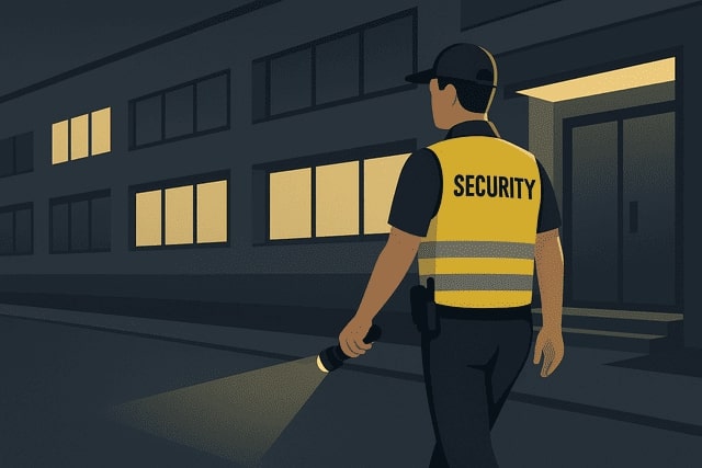 Illustration eines Sicherheitsdienstes von Monkey Security bei einem nächtlichen Streifendienst zu Fuß in Augsburg – mobile Sicherheitskontrolle.