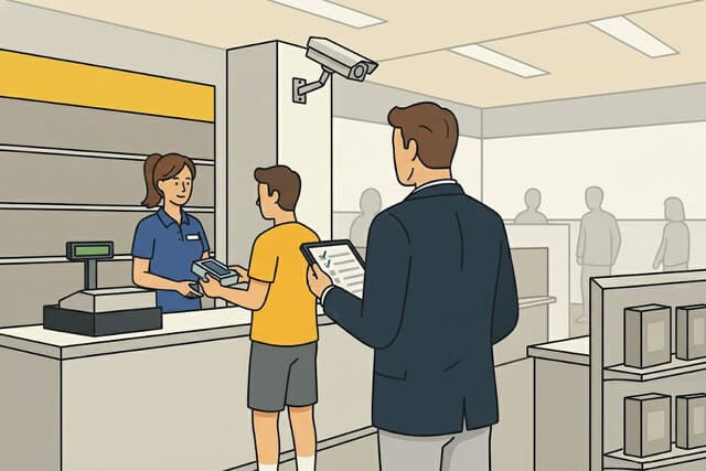 Testkäufer von Monkey Security in Augsburg simuliert Einkauf zur Kontrolle der Servicequalität und Kundenberatung.