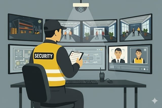 Sicherheitsmitarbeiter von Monkey Security in Augsburg im Kontrollraum bei der Überwachung verschiedener Bereiche über Kamerasysteme.