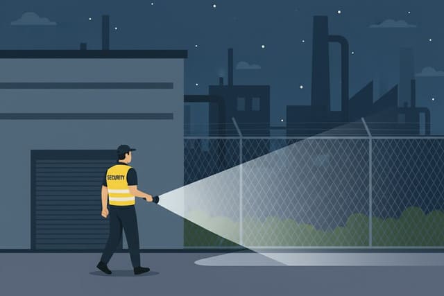 Sicherheitsmitarbeiter von Monkey Security im Streifendienst überwacht nachts das Gelände eines Gewerbeobjekts in Augsburg.
