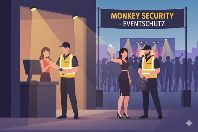 Illustration eines Event-Eingangs in Augsburg, wo eine Sicherheitskraft die Besucher kontrolliert und den Zugang überwacht – professioneller Veranstaltungsschutz und effektive Einlasskontrolle.