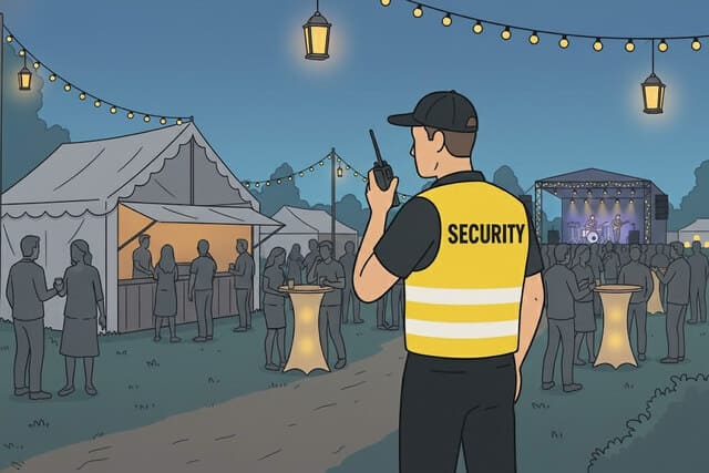 Sicherheitsdienst von Monkey Security führt Streifengänge auf einem belebten Eventgelände in Augsburg durch, um die Sicherheit und Ordnung zu gewährleisten.