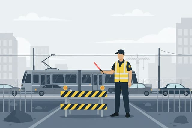 Sicherheitsmitarbeiter von Monkey Security leitet den Verkehr an einer Baustelle mit Straßenbahn in Augsburg, um Sicherheit und Verkehrsfluss zu gewährleisten.