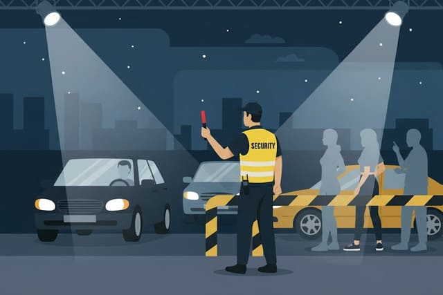 Sicherheitsmitarbeiter von Monkey Security leitet in Augsburg den Verkehr und Fußgänger an einem Event- oder Baustellenbereich, zur Gewährleistung der Sicherheit.