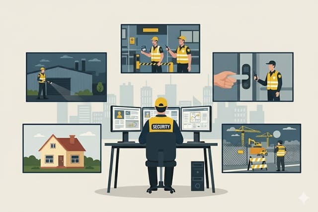 Darstellung eines Sicherheitsmitarbeiters von Monkey Security, der im Kontrollzentrum die Koordination von Objektschutz, Baustellenbewachung und Housesitting in Augsburg leitet – garantierte, umfassende Präsenz.